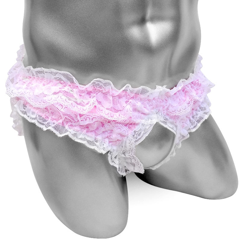 Frilly Lace Sissy Satin Panties Crotchless For Mens Briefs Underwear Funny Fashion Shiny Sexy Lingerie Crossdressing Panities