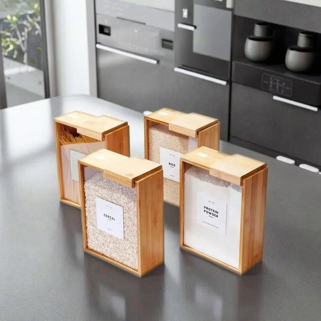 NEW Modern Design Bamboo Wood Rectangular Kitchen 3L Food Dispenser with Lid Used for Storing Grains Rice Flour Snacks and Candies Kitchenware Accessories Preparing Cooking Tools