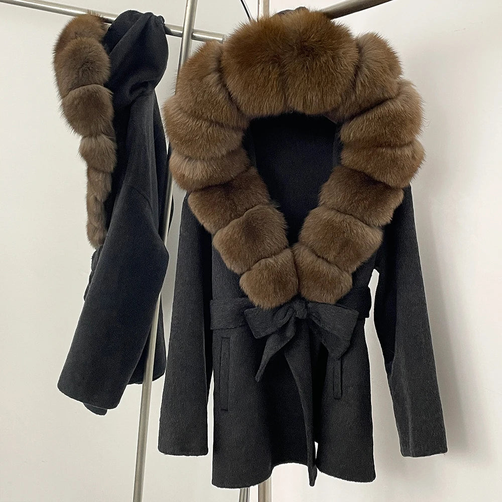 12 Colors Small Medium Size  New Winter Cashmere Wool Blends Women Natural Fox Fur Collar Hooded Slim Fit Suit Double Sided Woolen Trench Coat Women Winter Apparel Supplies
