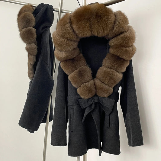 12 Colors Small Medium Size  New Winter Cashmere Wool Blends Women Natural Fox Fur Collar Hooded Slim Fit Suit Double Sided Woolen Trench Coat Women Winter Apparel Supplies