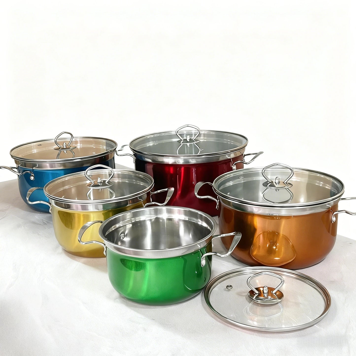 10 PCS Set Silvery/Colored Gift Set Stainless Steel Home Hotels Restaurants Kitchen Cookware Casserole Pot with Handle and Transparent Glass Lid Outdoor Camping Cooking Tools Cookware Supplies
