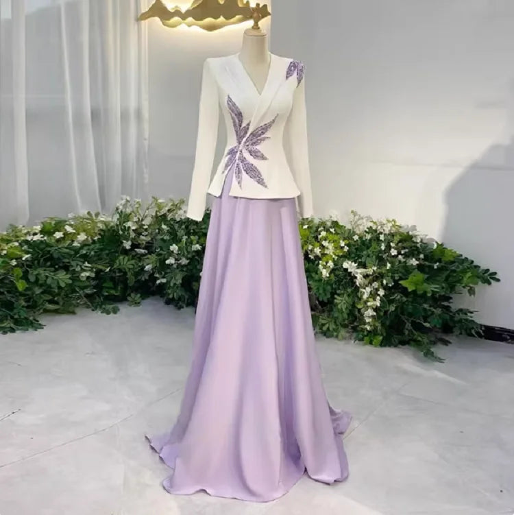 Mother of Bride White & Gold Luxury Blazer-Style Dress Embroidered Sequined Mermaid Floor-Length Vintage Evening Wedding Party Business Dinner Gown Ladies Luxury Apparel Supplies