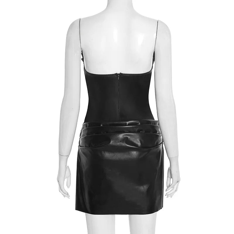 Black/Burgundy/Brown Color Autumn Spring  Sexy Ladies Street Wear Sleeveless Tube Pattern  Leather Mini Dress Slim Fit Sexy Nigh Club Pleated Dresses