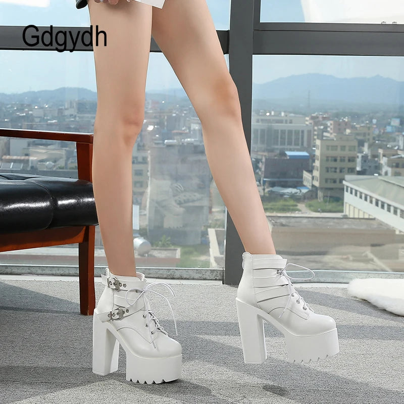 Block Heeled Boots for Women Platform Chunky Moto Boots Crude With High Heel Shoes Nightclub Ankle Buckle Strap Black