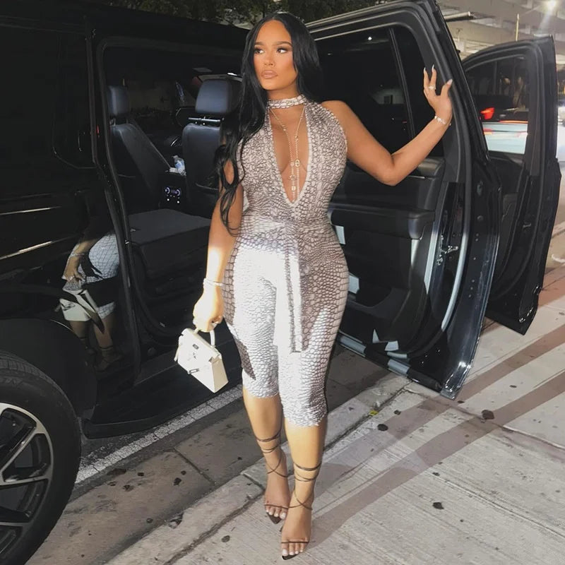 New Spring Summer Sexy Backless Jumpsuit for Women Halter Neck Deep V Snakeskin  Print Shorts Playsuit Women Sexy Apparel Accessories