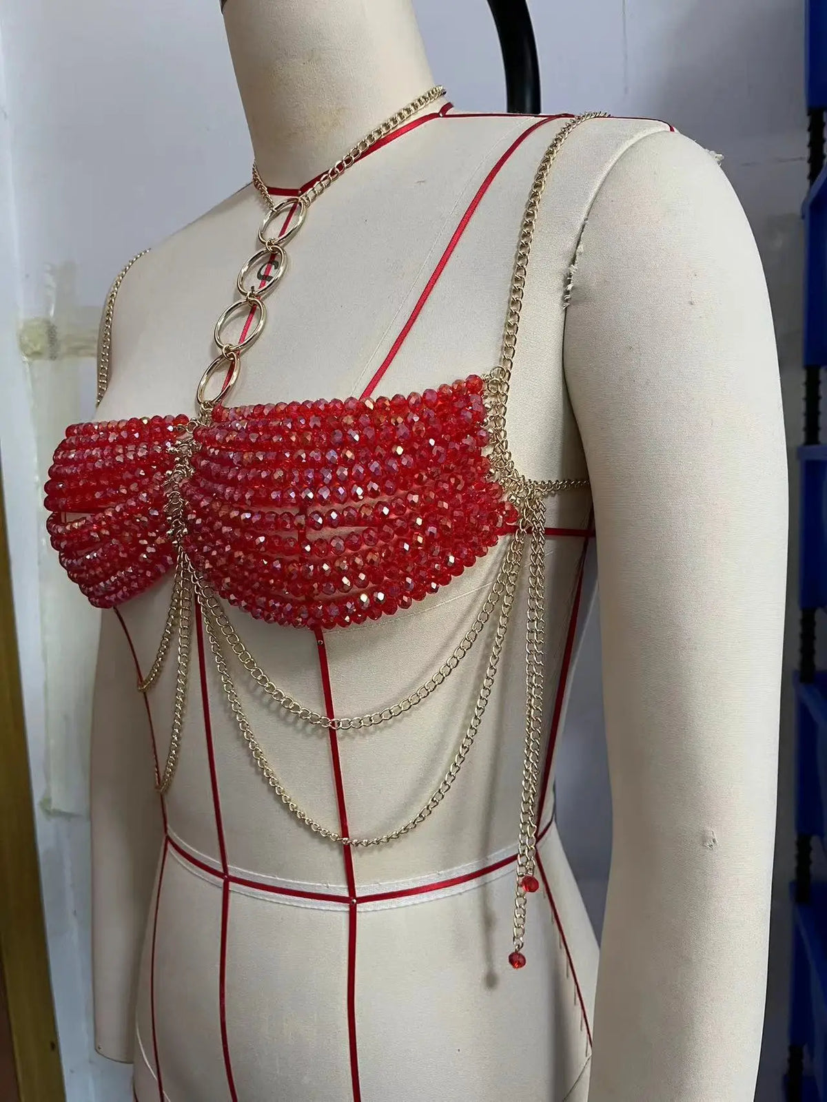 Sexy Women Handmade Body Chain New Fashion Jewelry Bikini Bra Beaded Halter Romantic Tank Top Beachwear See Through Evening Rave Party Night Clubwear Beach Bar Sexy Tops