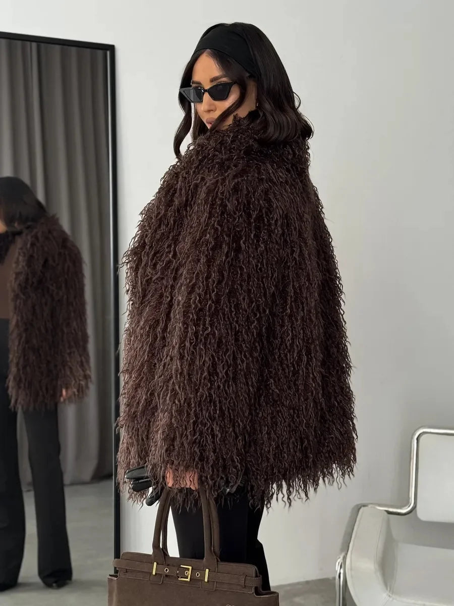 Burgundy/Brown/Khaki Color  Women's Dark Brown Mongolian Lamb Artificial Fur Coat Oversized Shaggy Curly Single Breasted Mid Length Plain Dyed Eco-Friendly Ladies Winter Apparel Supplies