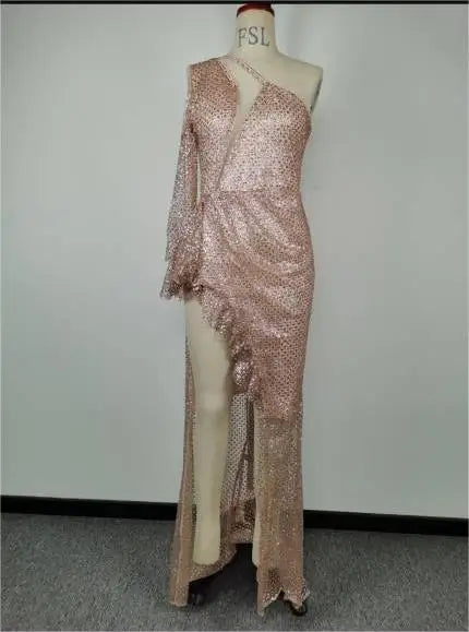 S-2XL Women Sexy Nude One Shoulder Shining Sequin Evening Party Luxury Dresses High Slit Full Length Night Clubwear Ball Gown Celebrities Maxi Gown Ladies Luxury Apparel Supplies