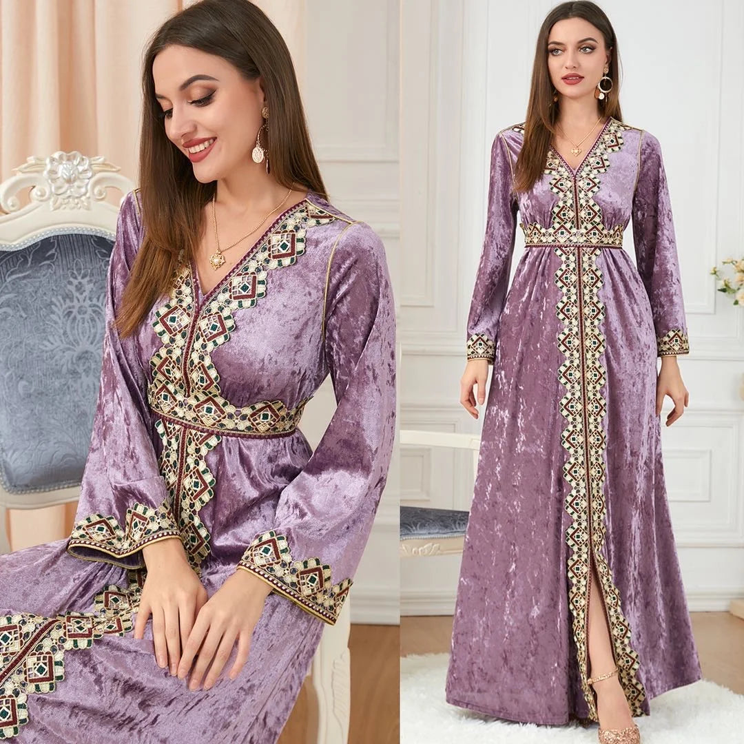 Autumn and Winter Religious Women's Muslim Long Sleeve V-Neck Embroidery Solid Maxi Standard Loose Formal Dresses