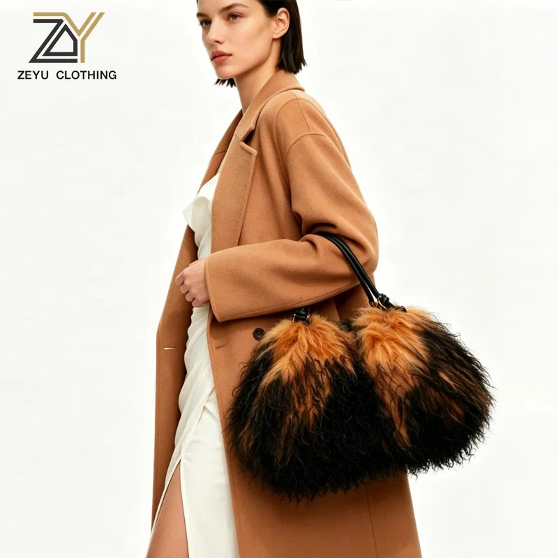5 Colors Luxury Winter Ombre Faux Fur Leather Hobo Shoulder Tote Bag Women Single Strap Two-Tone Black Camel Fluffy Large Capacity Luxury Bags Ladies Apparel Accessories