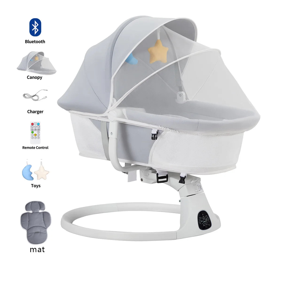 Electric Baby Rocking Chair with Canopy + Mosquito Net + Doll, USB Remote  Cross-border New-tyle Electric Baby Rocker Foldable Infant Swing Chair Smart Sleep-Inducing Crib Automatic Lullaby Device