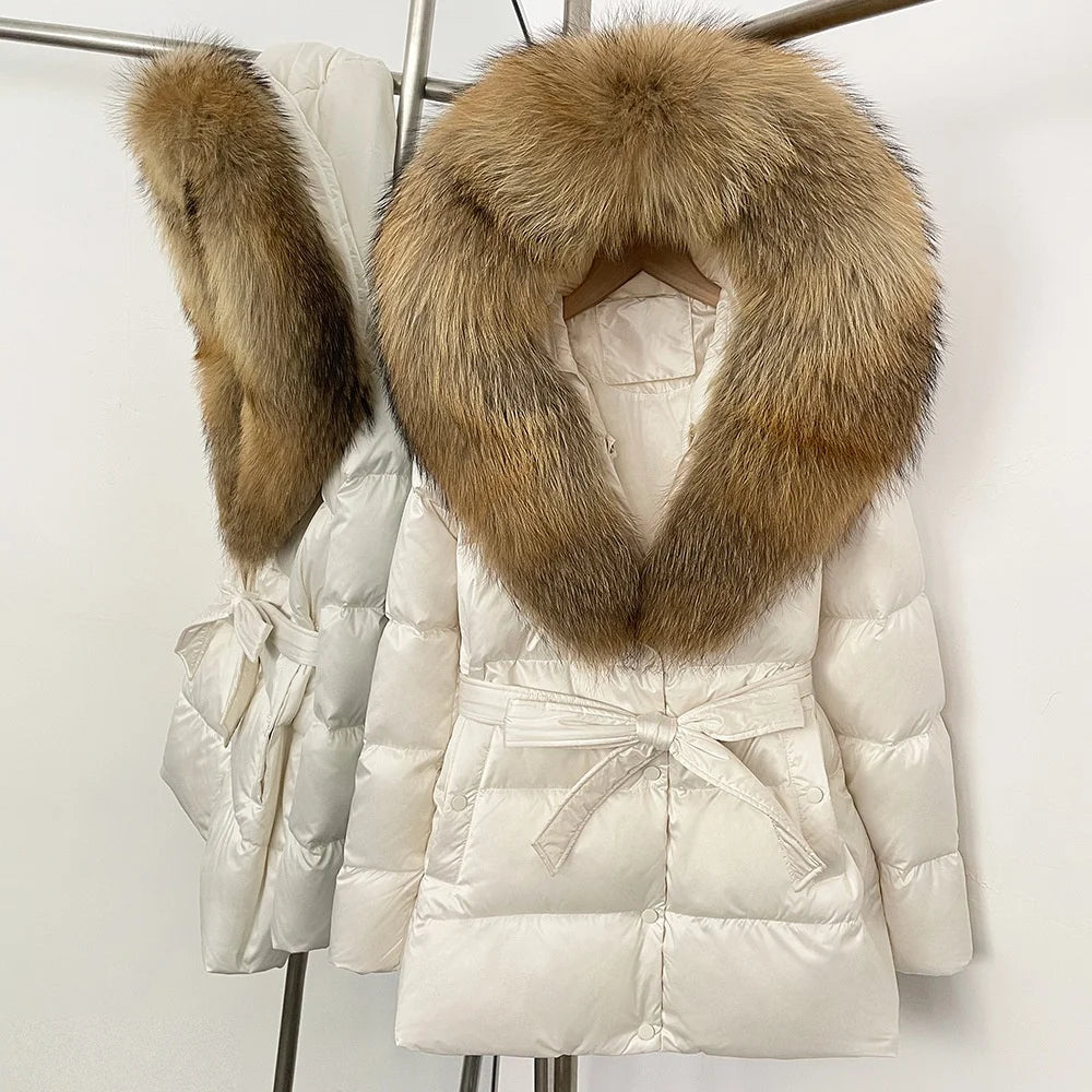BEST PRICE 15 Colors European High End Winter Hoodie Warm Midi Length Large Real Natural Silver Red Fox Fur Thick Bubble Coats Down Coat Snow Outerwear Parkas Jackets Women Winter Apparel Supplies