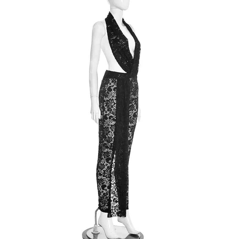 NEW Arrivals Black/Red Color Women Sexy Evening Party Night Clubwear Hot Sexy Sleeveless Backless Lace Pants Jumpsuit