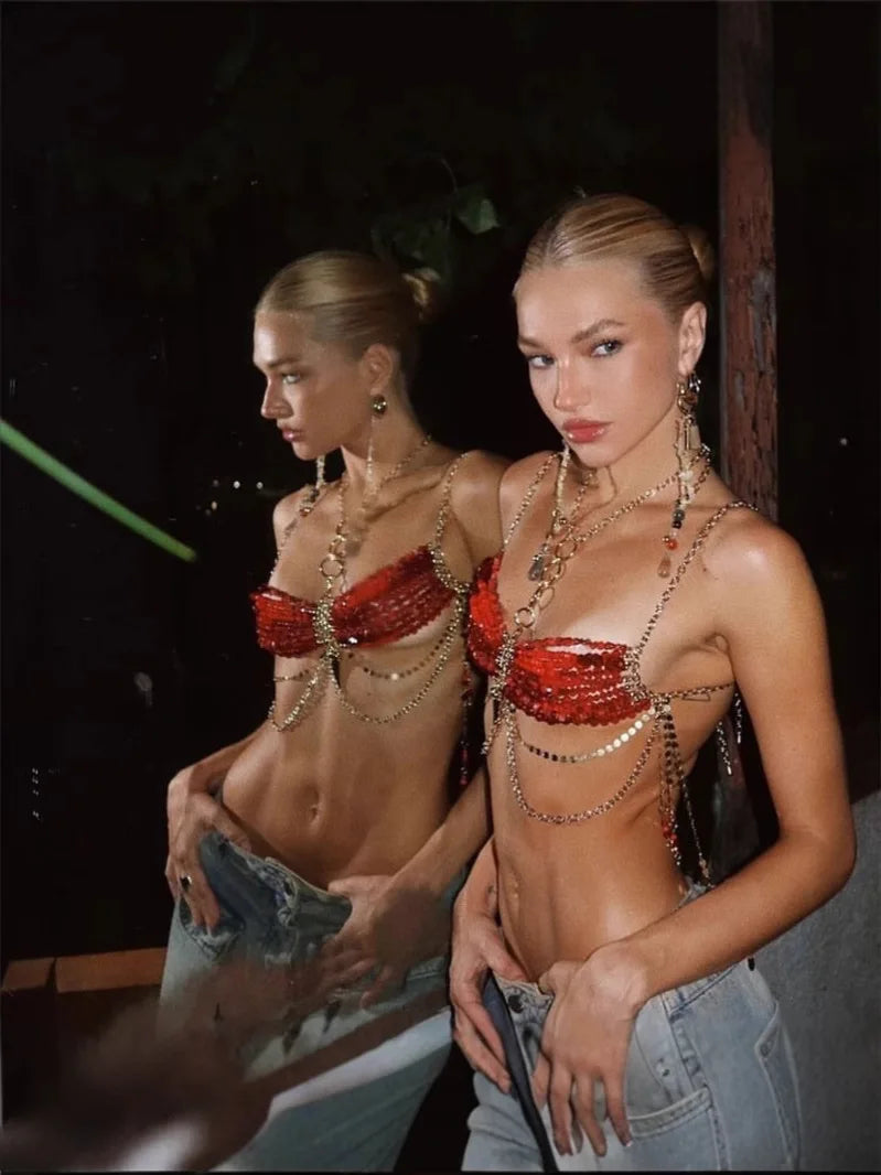 Sexy Women Handmade Body Chain New Fashion Jewelry Bikini Bra Beaded Halter Romantic Tank Top Beachwear See Through Evening Rave Party Night Clubwear Beach Bar Sexy Tops