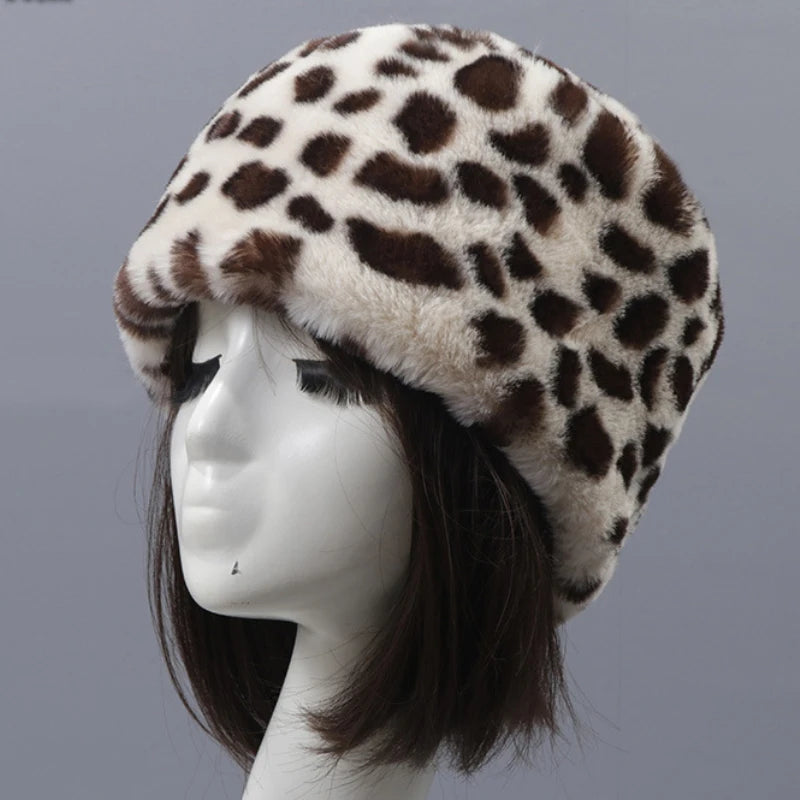 Luxury Siberian Style Leopard Women Girls Winter Warm Hat Faux Fur Hat Head Ears Cover Caps Ladies Thick  Beanies Female Bomber Hat Flat Top Russian Hat Female Ladies Luxury Fashion Clothing Products