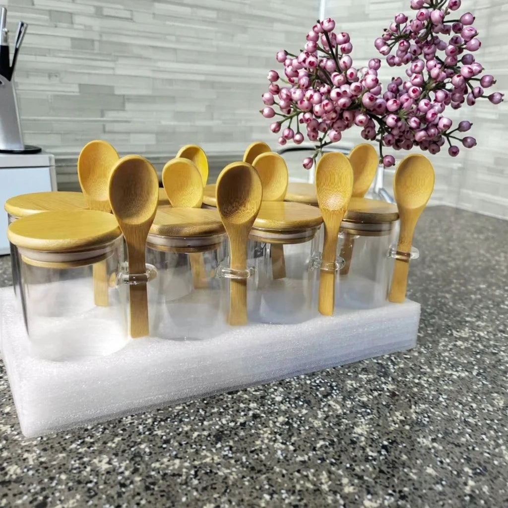 NEW Arrivals 10 PCS Set 10oz Bamboo Wood Lids and Spoons High Borosilicate Glass Food Storage Tank Kitchen Grain and Spice Storage Tank Containers Kitchenware Accessories Preparing Cooking Tools Sets