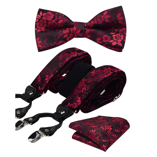 3 PCS Set 7 Colors Fashion Floral Suspenders Leather 6 Clip Braces Vintage Casual Suspenders + Bow Tie + Hanky Set Pants Trousers Shirt Holder Male Apparel Accessory Sets