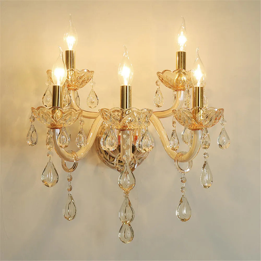 Villa Home Luxury European 3/5 Lights Champagne Crystal Candle Wall Lamp for Bedroom Corridor Villa Hotel Staircase Decor Lighting