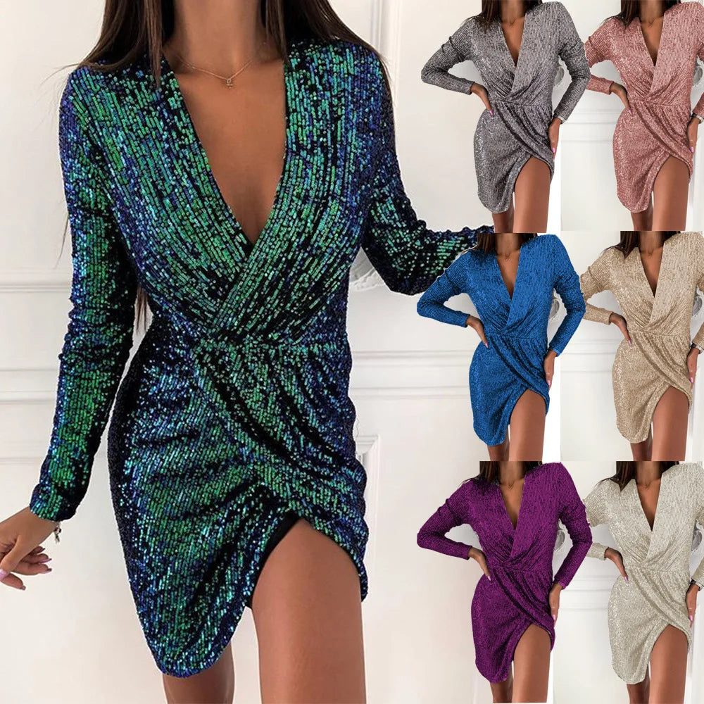 10 Colors S-3XL Plus Size Golden Silver Glitter Luxury Dresses for Women Deep V-Neck Sequin Mini Bodycon Dress Four Seasons Long Sleeve Evening Party Dress Night Clubwear Prom Gowns