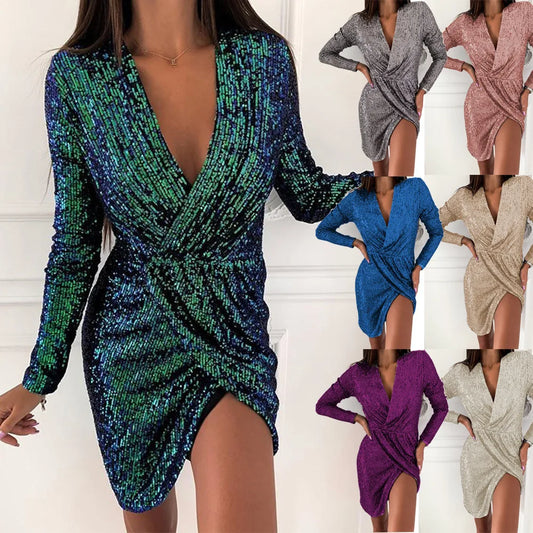 10 Colors S-3XL Plus Size Golden Silver Glitter Luxury Dresses for Women Deep V-Neck Sequin Mini Bodycon Dress Four Seasons Long Sleeve Evening Party Dress Night Clubwear Prom Gowns
