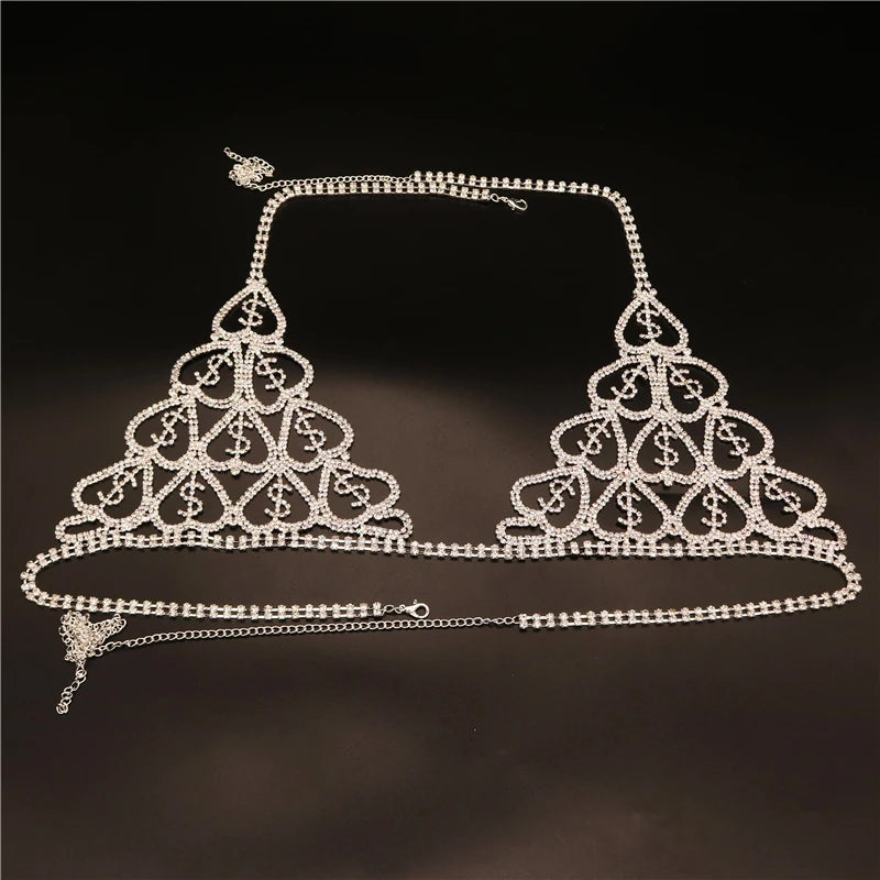 NEW !!!! Bra and Thong for Women Female Panty Set Bikinis Bodysuit Sexy Rhinestone Heart Body Chain Lingerie Set Jewelry