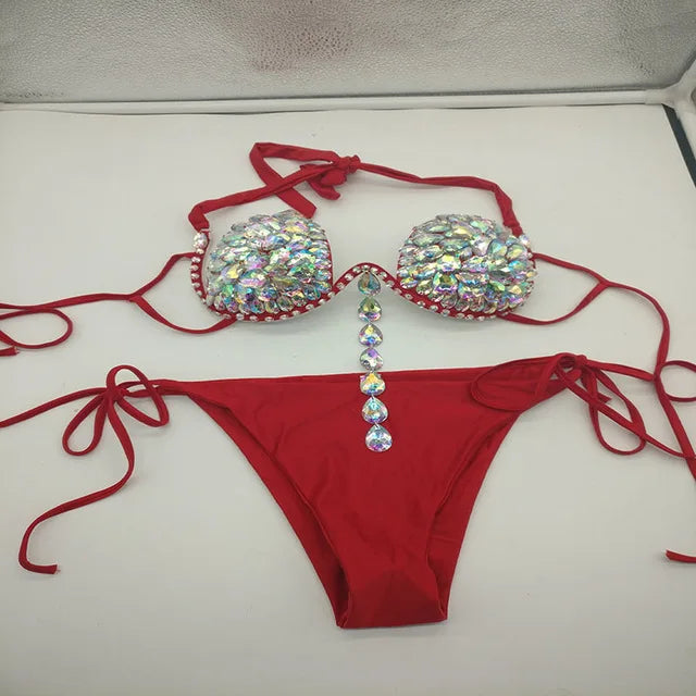 New Tassels Bikini Set Rhinestone Swimwear Diamond Swimsuit Bandage Bathing Suit Bling Stones Beachwear