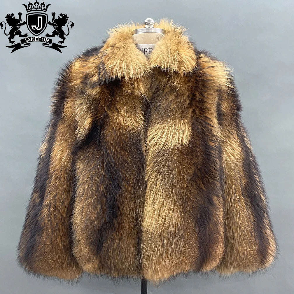 Boutique Gala HOT SALE (Few Units Left) NEW Arrivals Men's Luxury 100% Real Raccoon Fur Jacket with Turndown Collar Wildness Raccoon Fur Coat Christmas Gift for Husband Lover Boyfriend  Outerwear Jacket Gentleman Winter Appar