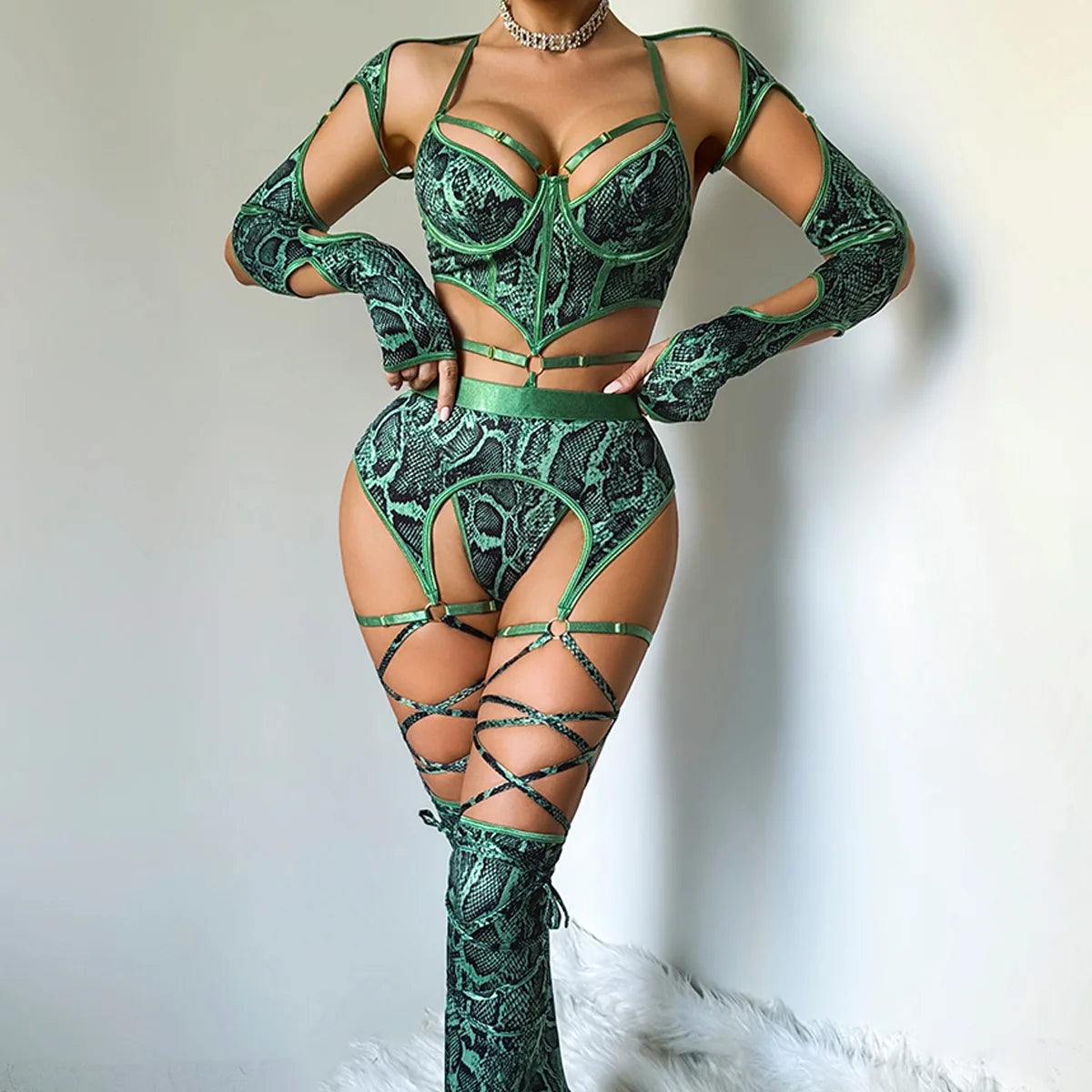 5 PCS Set Women's Sexy Hollow Out Snakeskin  Print Strappy Lingerie Cosplay  Costume  Underwire Bodysuit with Garters Shrug Stockings Sexy Lingerie Suit