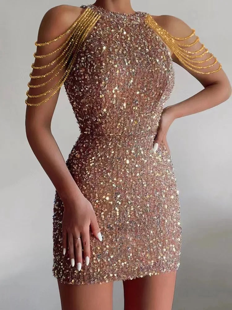 S-2XL 7 Colors European American New Women's Eco-Friendly Sexy Colorful Diamonds Crystal Sequin Mini Ball Gown Backless Halter Neck Tassel Slim Hip Evening Party Dress Ladies Sexy Apparel Supplies