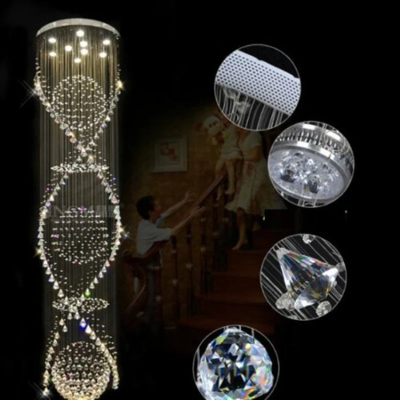 HOT SALE Villa Home Living Room Staircase Luxury K9 Crystal Steel Chrome Double Helix Spiral Chandelier with Rain Drops Diameter 80cm Height 280cm Home Art Decor Lighting Supplies
