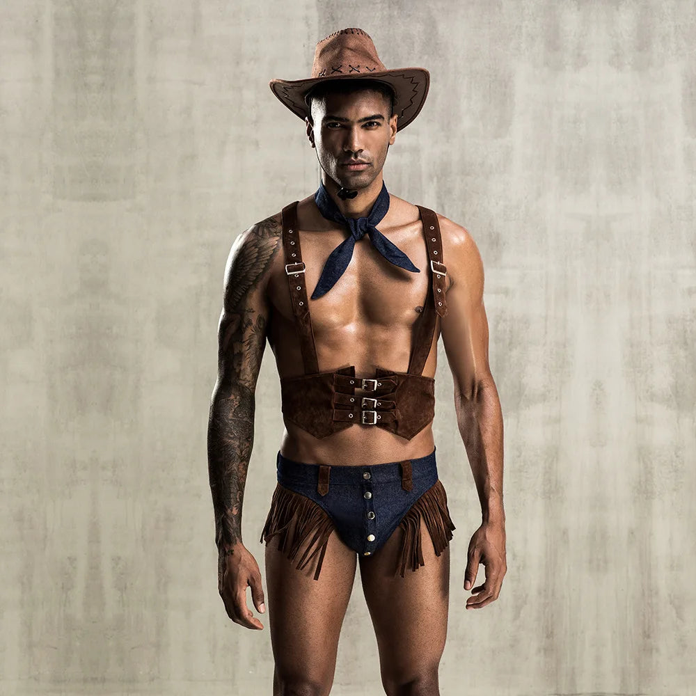 Gay 4Pieces Men Role Play Sexy Cowboy Uniform Set Cosplay Gay Bar Dance Costume Outfit