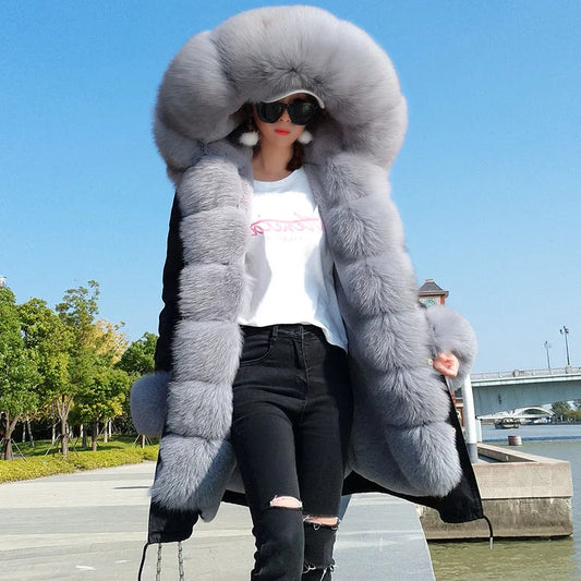 NEW Arrivals Winter Warm Snow Outerwear Women Female Natural Real Fox Fur Coats Real Fur Long Black Jacket  Cotton Thick Coat Girls Casual Winter Luxury Fashion Clothing Products