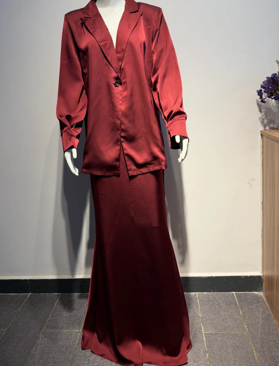 5 Colors XS-3XL Plus Size Islamic Middle East Women's Luxury Satin Dress Suit  Loose High Waist Modest Abaya Set Ankle Length Long Sleeve Elegant Fishtail Wedding Guest Birthday Evening Party Maxi Gowns Muslim Women's Clothin
