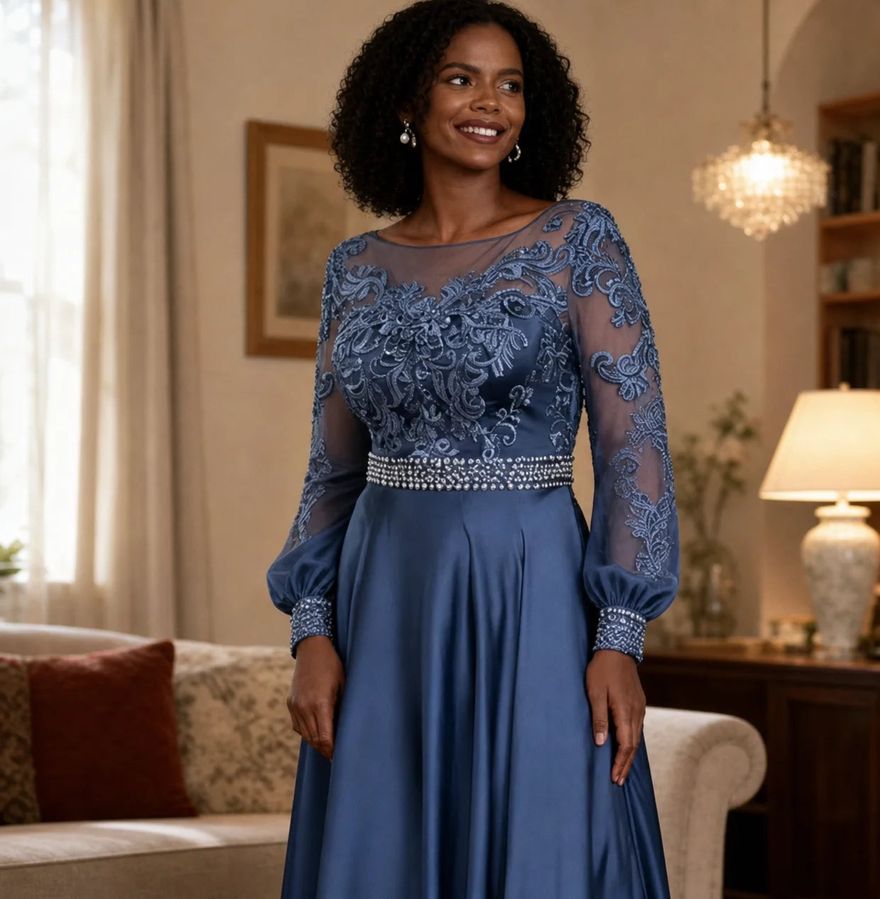 Mother of Bride Customizable Color Luxury Elegant Long Sleeve Elastic Satin Wedding Party Dresses Opera Concerts Celebrities Red Carpet Long Dress with Embroidered Lace and Beaded Waist Ladies Luxury Apparel Supplies