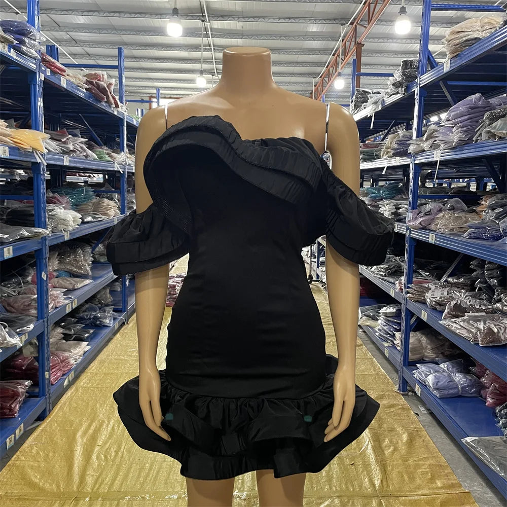 S-2XL Black/Red Color Autumn Spring Chic Mini Prom Dress Elegant Lady Off Shoulder Ball Gown Ruffle Edge for Evening Party Night Clubwear Mini Dress
