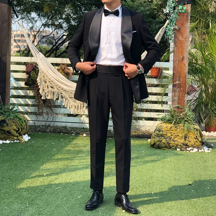 HOT SALE Only Few Units Left NEW Design Italian Fashion High Quality M-4XL Curvy Men's Formal Evening Business Party Wear Shawl Collar Jacket Pants Black Color Gentlemen Wedding Guest Groom Red Carpet Celebrities Men Luxury S
