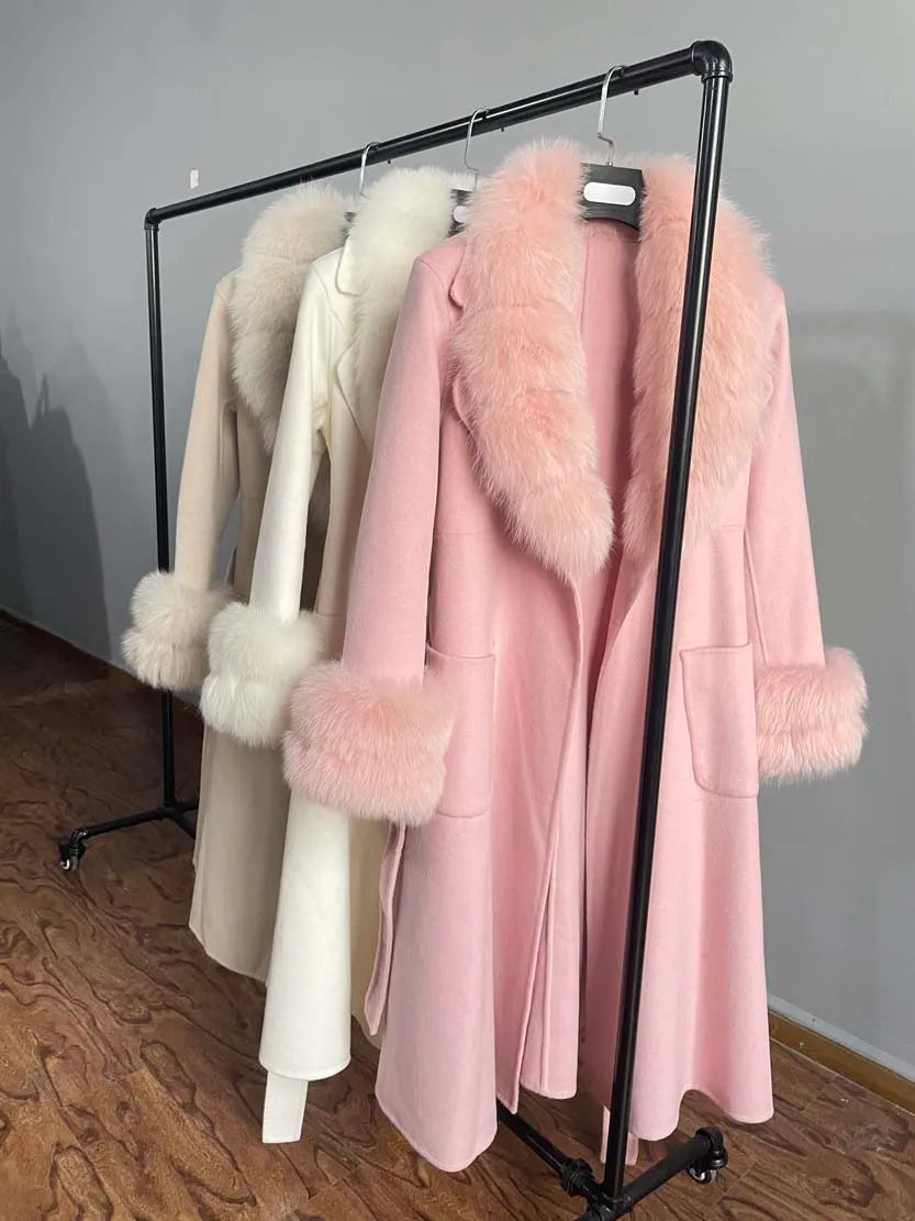 BEST PRICE 100% Cashmere 10 Colors Luxury Women's Winter Long Trench Jacket Real Natural Fox Fur New Fashion Pink Wool Coat Evening Party Wedding Guest Coats Ladies Luxury Apparel Supplies.