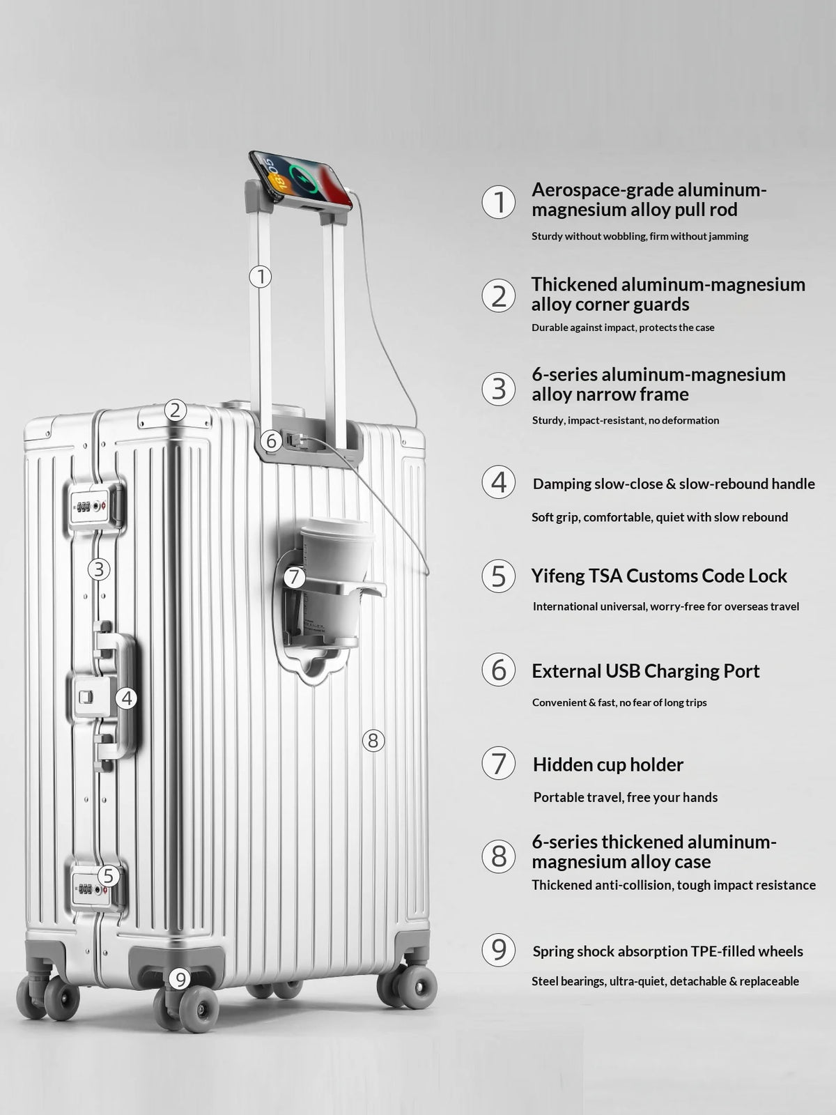 100% All Aluminum Magnesium Alloy 20' 24' 29' Inch Premium Unisex Spinner Wheels Carry on Trolley Luggage Suitcases Sets Travel Business Trips Professional Top Quality Luxury Suitcases