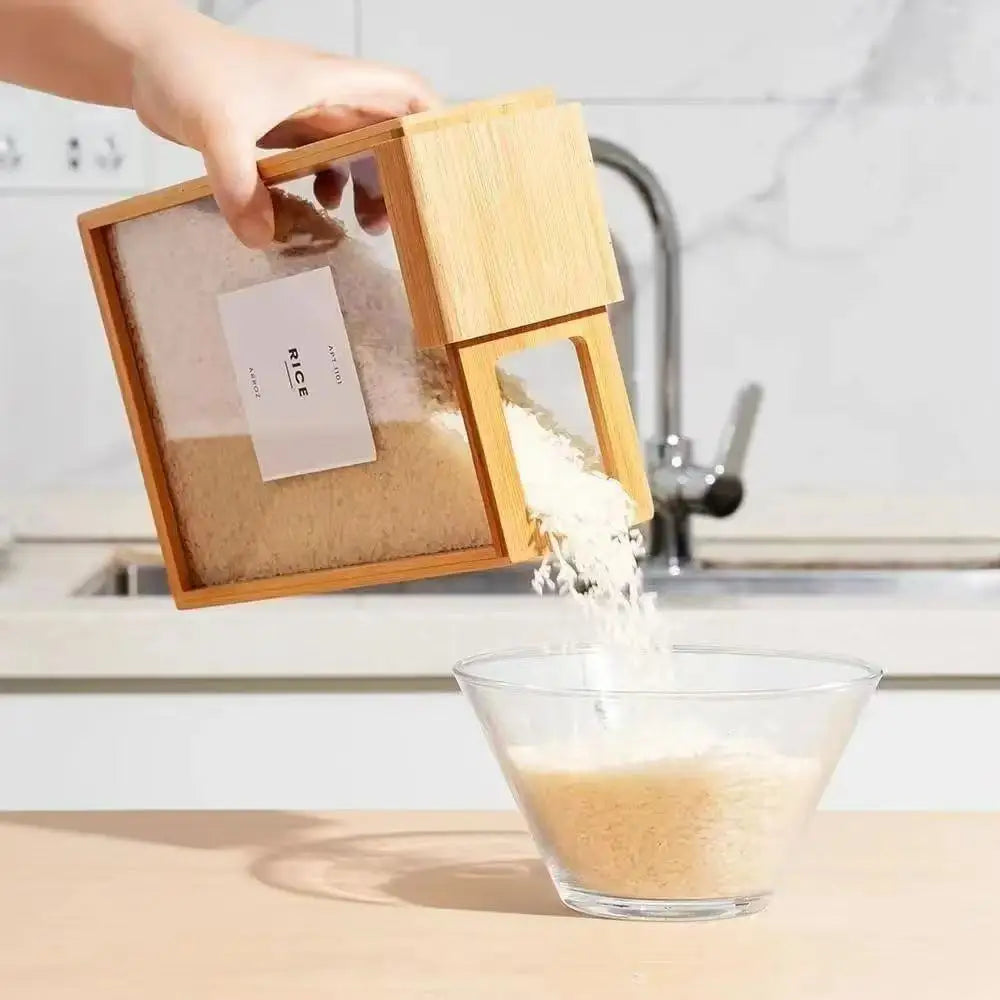NEW Modern Design Bamboo Wood Rectangular Kitchen 3L Food Dispenser with Lid Used for Storing Grains Rice Flour Snacks and Candies Kitchenware Accessories Preparing Cooking Tools
