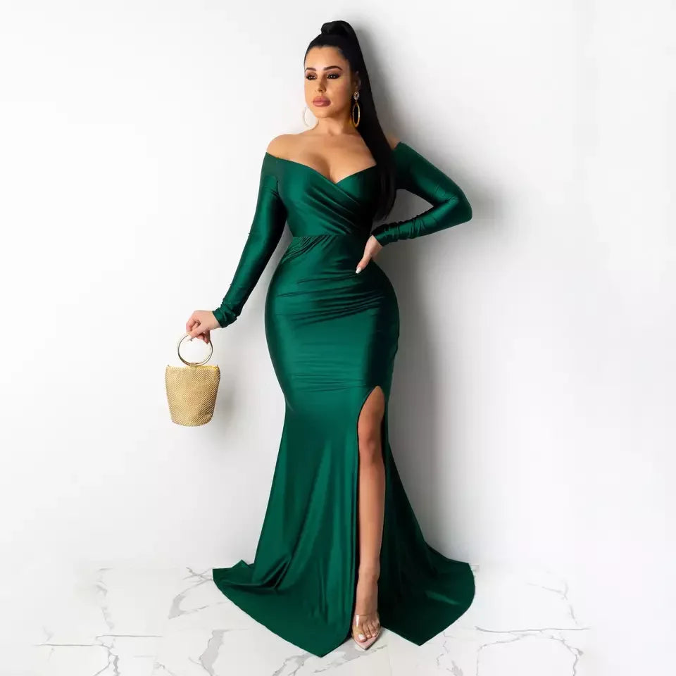 New Arrival S-2XL Women Luxury Gowns Wedding Guest Bridesmaid Evening Dresses High Slit Long Sleeve V-Neck Maxi Dress Ladies Long Party Dresses Women Luxury Apparel Supplies
