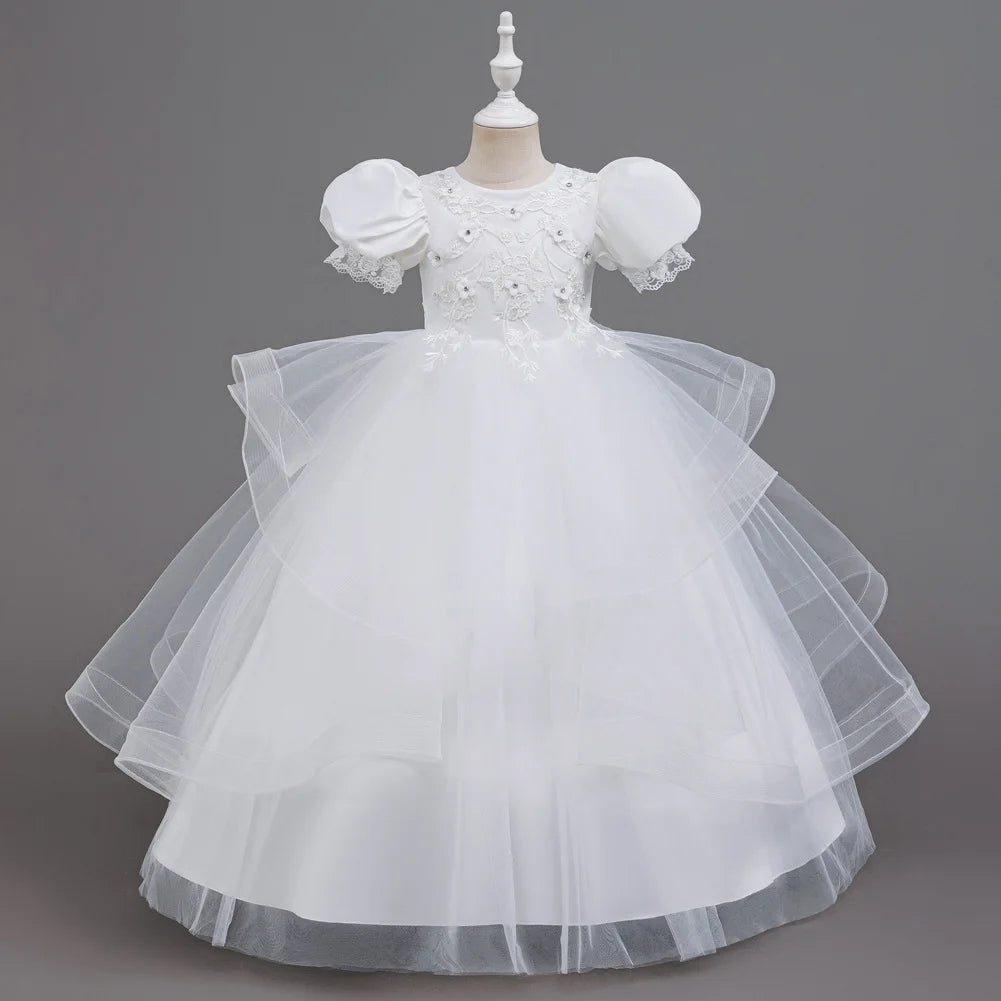 Blue/White/Pink/Red Color Bridesmaid  Girl Flower Dress Princess Evening Birthday Party Ball Gown Puff Sleeve Lace Applique Wedding Prom Party Embroidered Girl Gown Layered Tutu Dress for Girls,