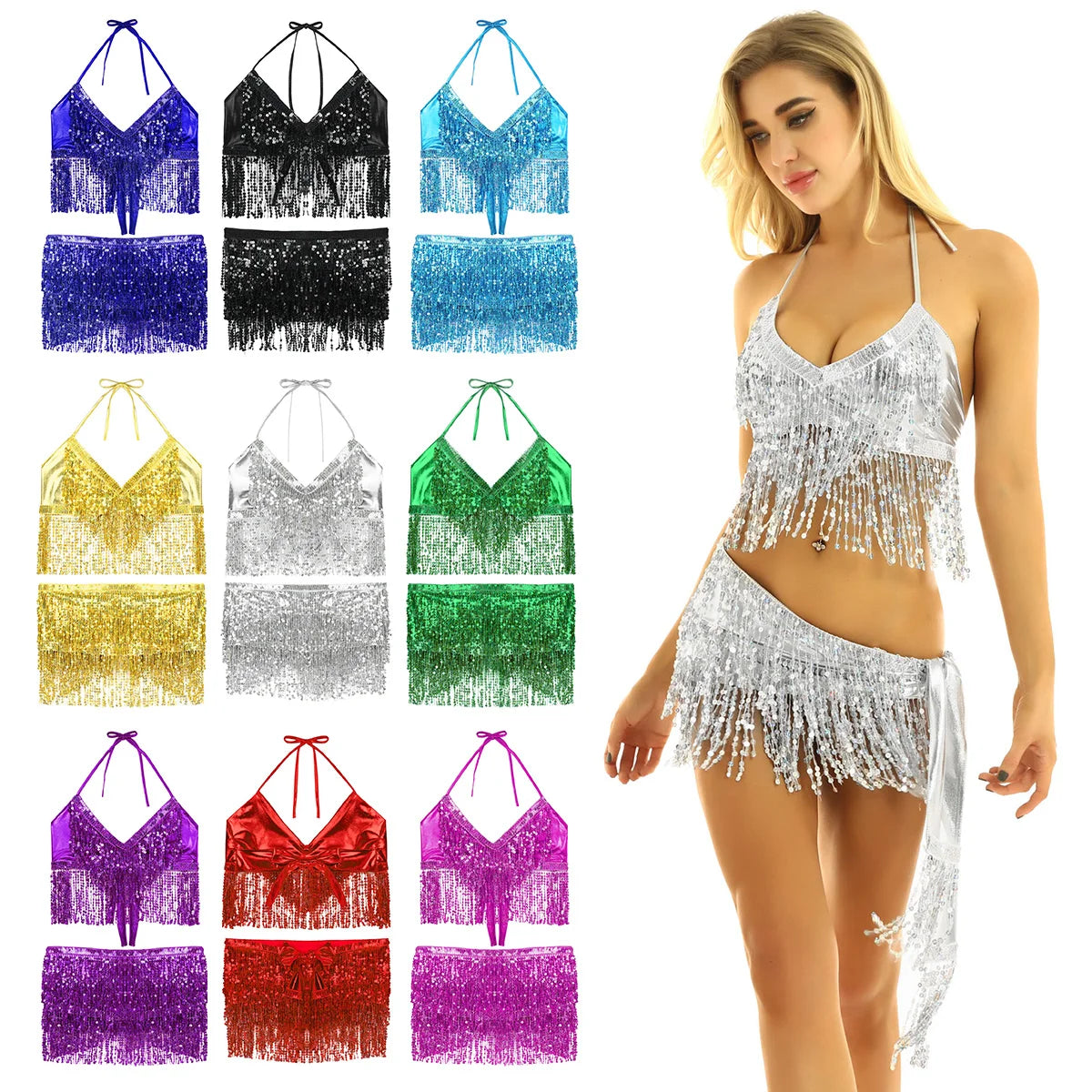 NEW Arrivals 9 Colors Women Shiny Sequins Tassels Carnival Rave Performance Belly Dance Costume Halter Bra Tops with Hip Scarf Wrap Skirt Set Ballroom Competition Dancing Dresses