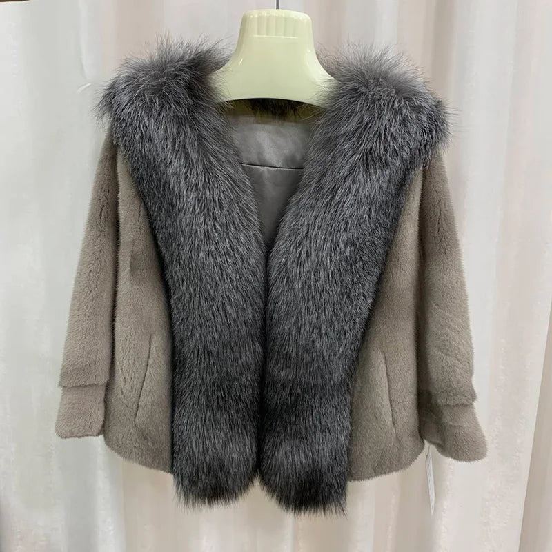 8 Colors Top Luxury Natural Real Fox Fur Collar Mink Fur Coat Women Winter Luxury Mink Fur Poncho Outerwear Jackets Evening Party Prom Wedding Guest Christmas Gift for Wife Girlfriend Ladies Luxury Apparel Supplies.