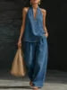 2 PCS Set S-3XL 5 Colors Boutique Sale Autumn Spring New Fashion V-Neck Retro Denim Vest Wide Leg Jeans Pants Women's Casual Apparel Supplies