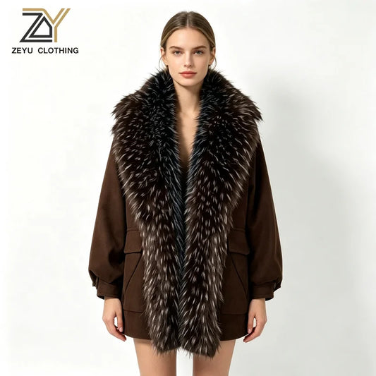 NEW Arrivals 5 Colors Top Quality Vintage Luxury Brown Wool Coat With Wide Artificial Fur Collar Women Winter Commuter Elegant Jacket Eco-Friendly  Women's Faux Fur Coats Outerwear Windproof Jackets Ladies Luxury Apparel Supp