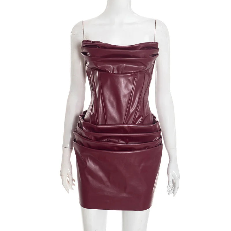 Black/Burgundy/Brown Color Autumn Spring  Sexy Ladies Street Wear Sleeveless Tube Pattern  Leather Mini Dress Slim Fit Sexy Nigh Club Pleated Dresses