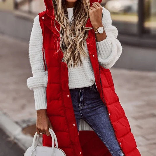10 Colors S-5XL Plus Size Women's Autumn Spring Solid-Color Hooded Single-Button Mid-Length Cotton Long  Vest Coat Cardigan Outerwear Top  Fashion Women Casual Apparel Supplies