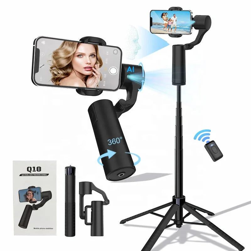 2 in 1 AI Face Tracking Professional Stabilizer Gimbal 180CM 360 Rotate Handheld 2 Axis Gimbal Tripod Gesture Remote Control Selfie Stick TikTok YouTube Videos Maker Live Streaming Studio Tools Set