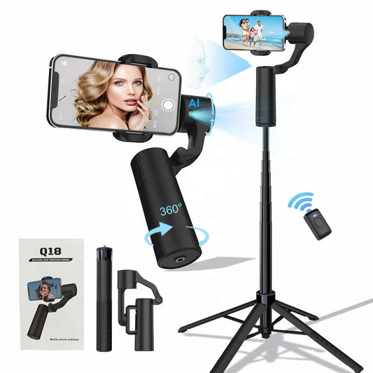 2 in 1 AI Face Tracking Professional Stabilizer Gimbal 180CM 360 Rotate Handheld 2 Axis Gimbal Tripod Gesture Remote Control Selfie Stick TikTok YouTube Videos Maker Live Streaming Studio Tools Set