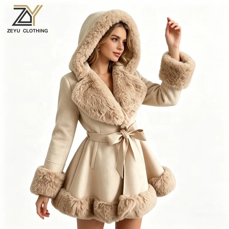 5 Colors UK (6-20) Large Size  Women's Streetwear Thick Plain Dyed Woven Single Breasted Faux Fur Trim Hooded Belted Winter Trench Coat Winter Warm Autumn Apparel Clothing Supplies